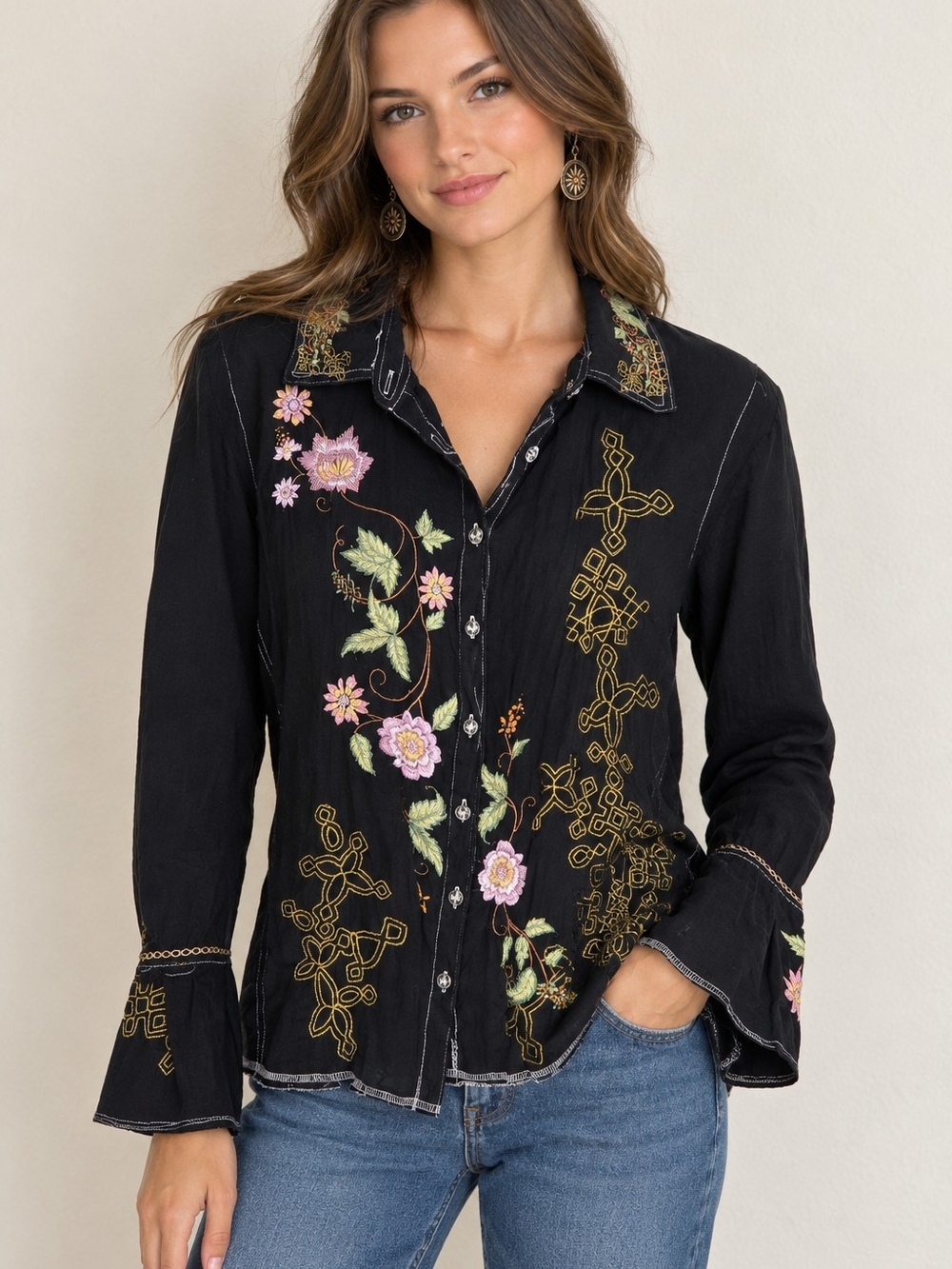 Johnny Was Black Button-Down Shirt with Pink & Green Floral Embroidery